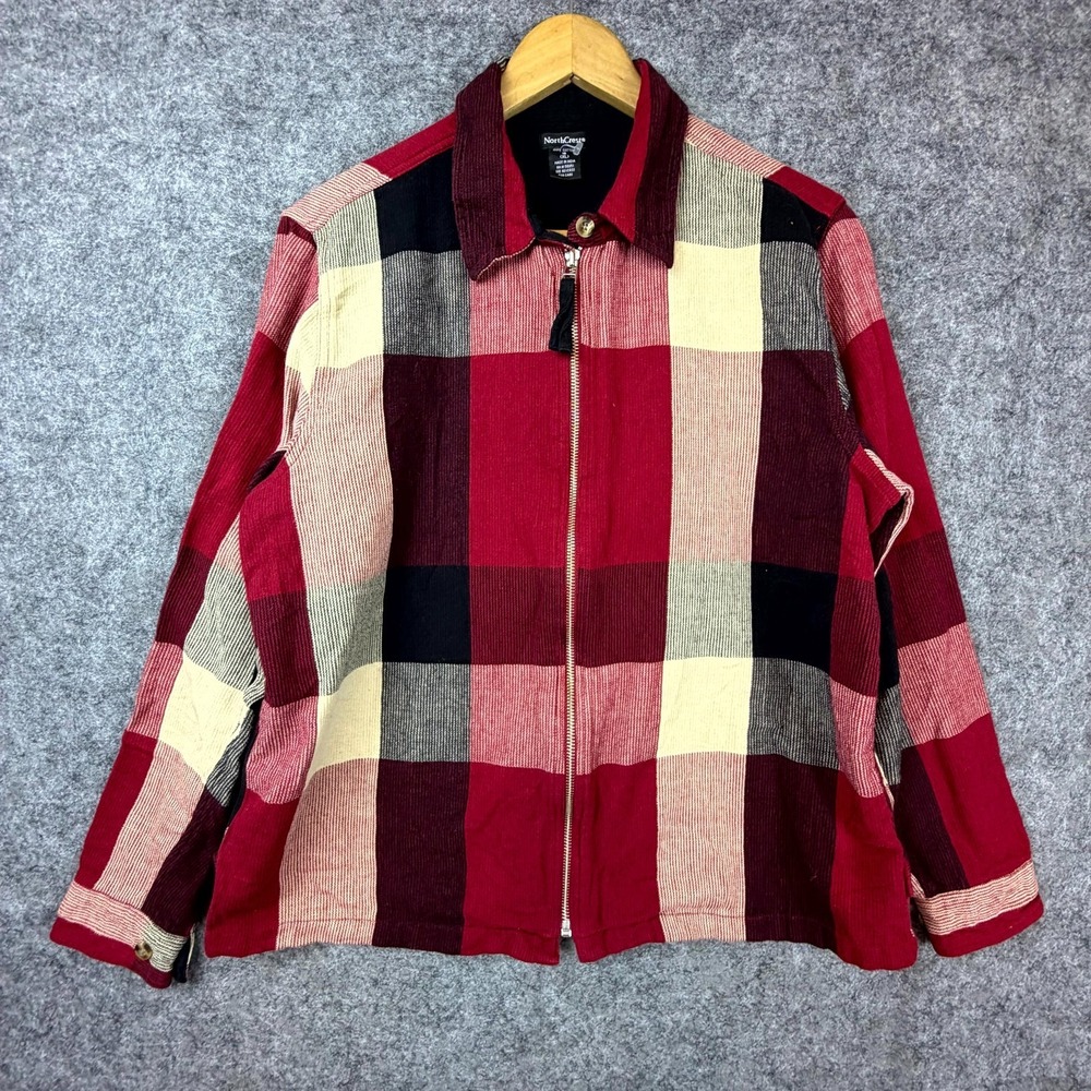 Vintage NorthCrest Corduroy Jacket Women XL 18 Red Plaid Full Zip Autumn Shacket